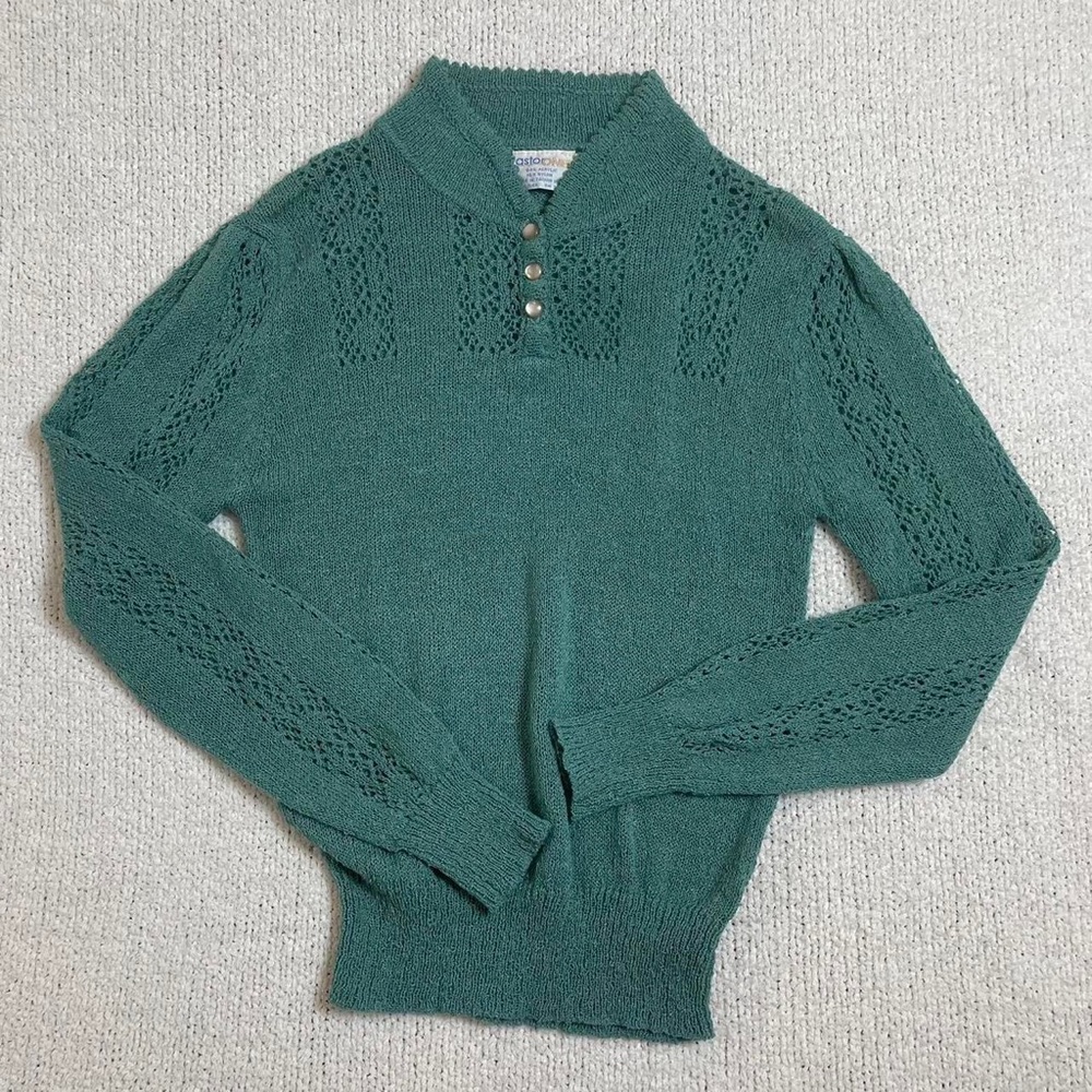 vintage astorone sea foam green blue sweater with buttons and crochet detailing